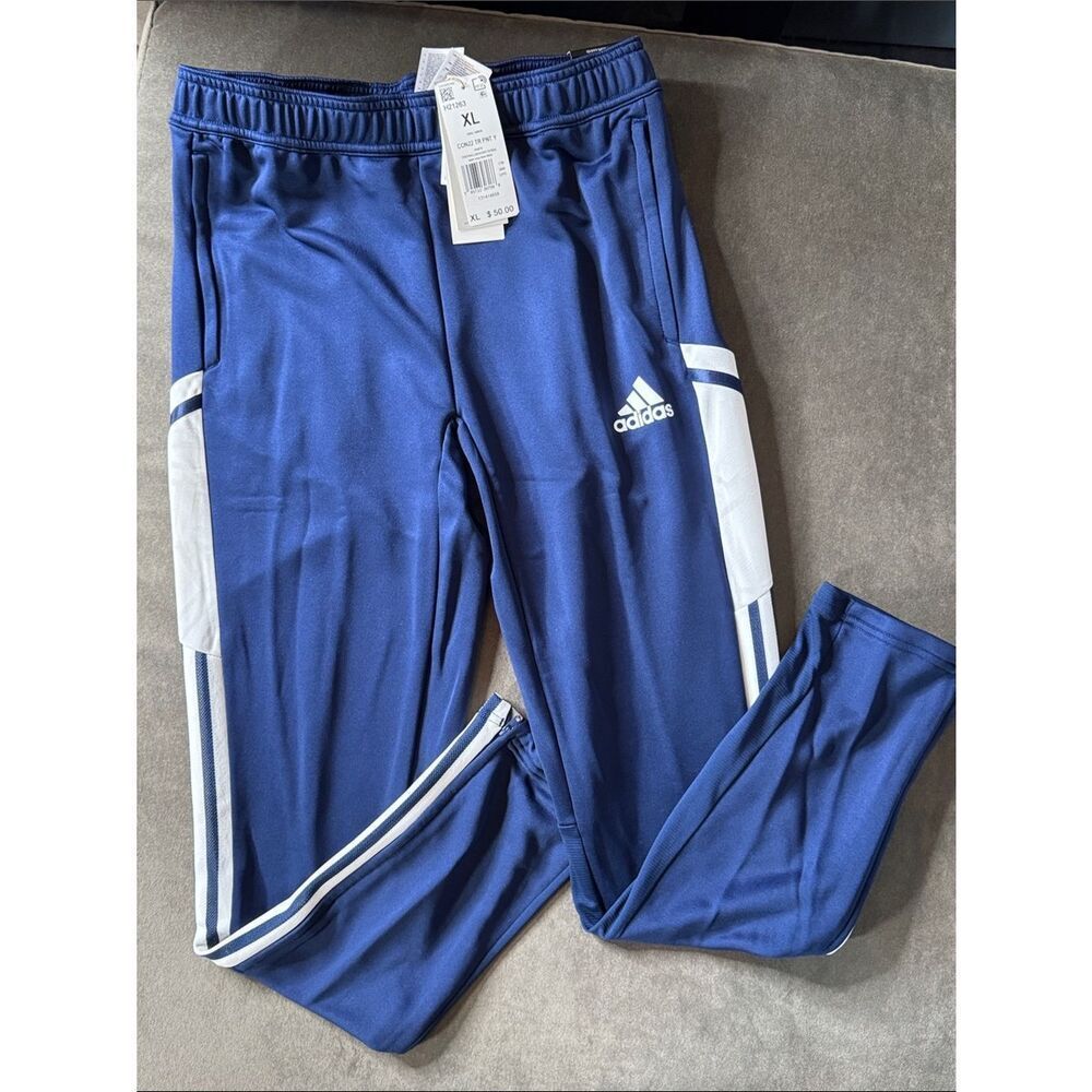 Adidas Youth Blue & White Sports Training Pants Slim Fit Zip Pockets Size XL NEW